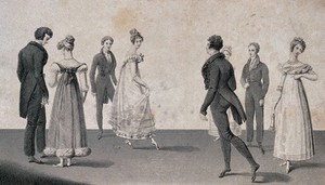 view Four couples dancing the quadrille. Engraving, ca. 1825.