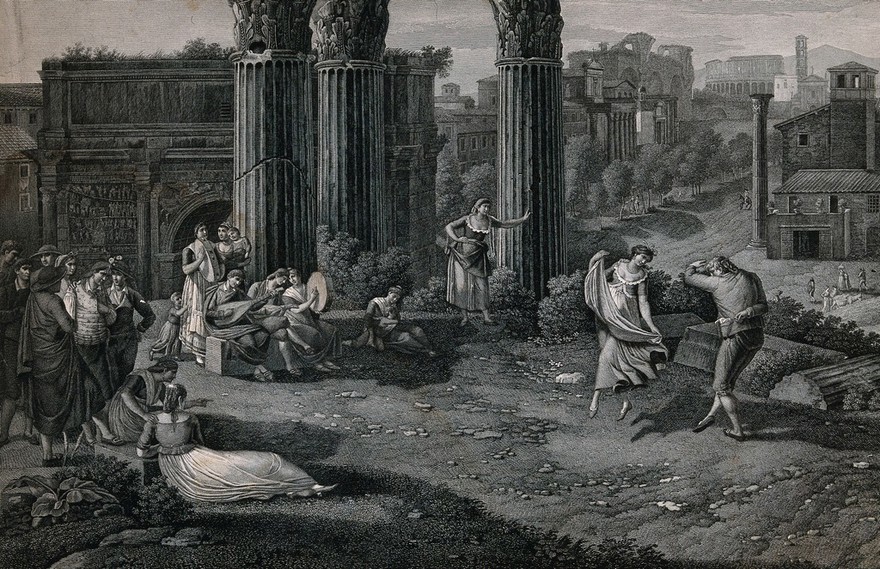 Two people are playing musical instruments and others watching as a couple dance in an area among ruined columns. Engraving after Filippo Giuntotardi.