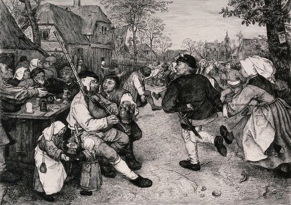 A man plays the bagpipes as people dance in the village street. Etching after P. Bruegel.