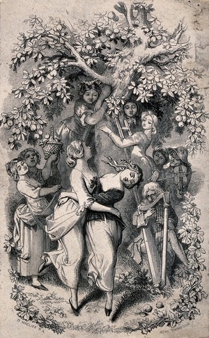 view A young man plays a harp and an old man plays a violin as two girls dance under a tree watched by fruit pickers. Etching by John Thompson after D. Maclise.