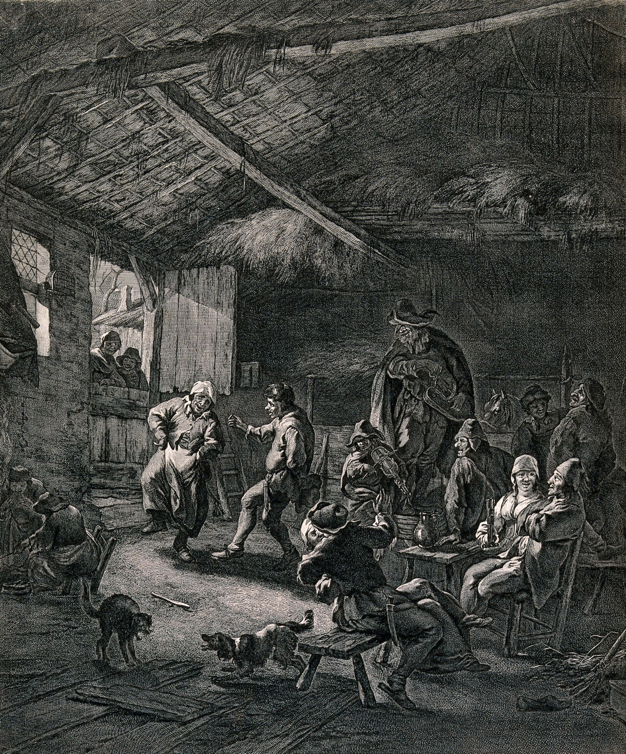 Two men play music as others dance in a barn. Engraving by J. Vischer after N. Berchem., by Nicolaes Pieterszoon Berchem