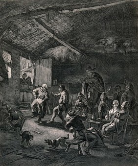 Two men play music as others dance in a barn. Engraving by J. Vischer after N. Berchem.