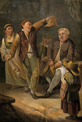 A young couple dancing; the man holds out his hat watched by two seated men and a boy. Chromolithograph.