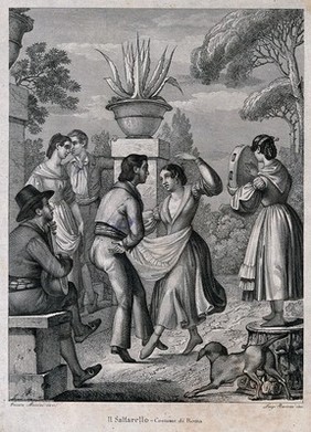 A couple dance the salterello as a woman plays the tambourine and a man plays a lute. Engraving by Luigi Barocci after Cesare Masini.