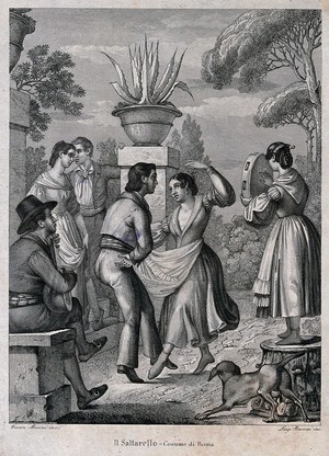 view A couple dance the salterello as a woman plays the tambourine and a man plays a lute. Engraving by Luigi Barocci after Cesare Masini.