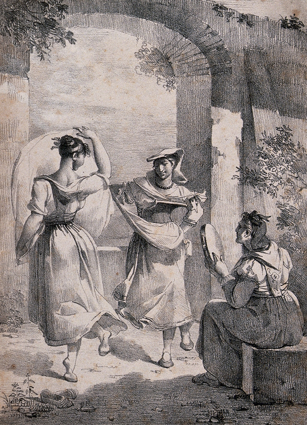 Two women dance the salterello as another plays the tambourine. Lithograph after Mlle. Lescot, 1818., 1818, by Hortense Haudebourt-Lescot