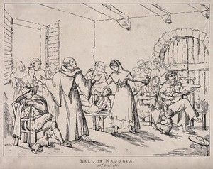 view Majorca: a monk dances with a young woman as others watch, accompanied by a guitarist. Etching.