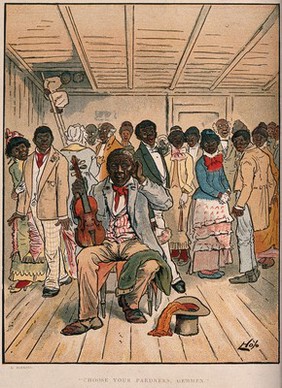African American people at a dance: the fiddler sits apart with a puzzled expression. Colour process print after L. Hopkins.