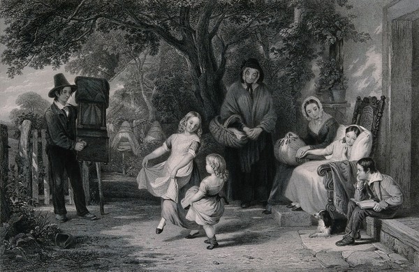 A boy grinds a barrel organ as two small girls dance to amuse another child who is leaning against pillows in a chair. Engraving by W. Finden after T. Webster.