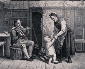 view A young man plays a violin as an old lady dances with a child (grandchild?). Lithograph.