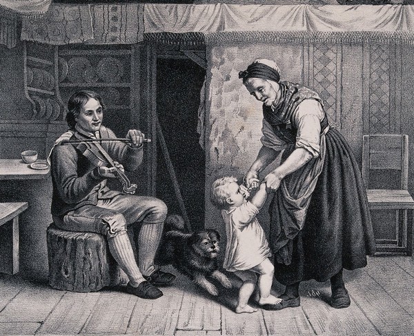 A young man plays a violin as an old lady dances with a child (grandchild?). Lithograph.