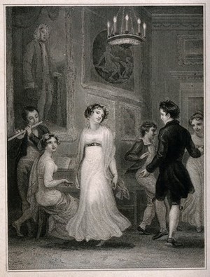 view As a girl plays the piano and a boy plays the flute other couples dance to the music. Engraving, ca. 1830.