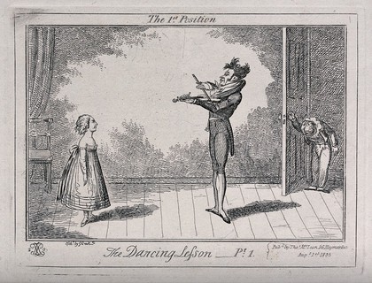 A dancing class: a girl and a boy stand in first position, as the teacher plays the violin. Etching by G. Cruikshank.