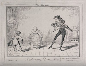 view A dancing class: a girl curtsies as a young man bows to her, the teacher plays the violin and a girl stands in a box. Etching by George Cruikshank.