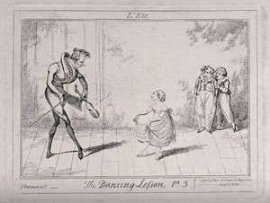 view A dancing lesson: two boys stand laughing in the background as the teacher shows the girl how to hold her dress for the dance. Etching by George Cruikshank.