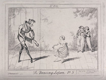 A dancing lesson: two boys stand laughing in the background as the teacher shows the girl how to hold her dress for the dance. Etching by George Cruikshank.