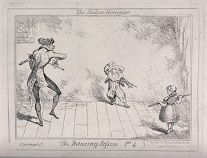 view A dancing lesson: a boy in a sailor suit dances the hornpipe as the teacher plays the violin; the girl is standing with a stretcher across her back. Etching by George Cruikshank.