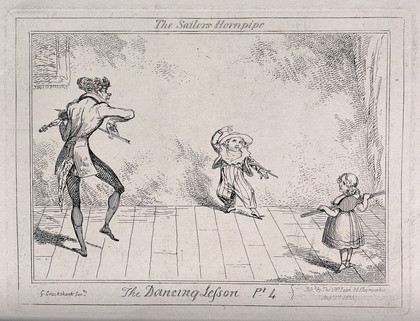 A dancing lesson: a boy in a sailor suit dances the hornpipe as the teacher plays the violin; the girl is standing with a stretcher across her back. Etching by George Cruikshank.