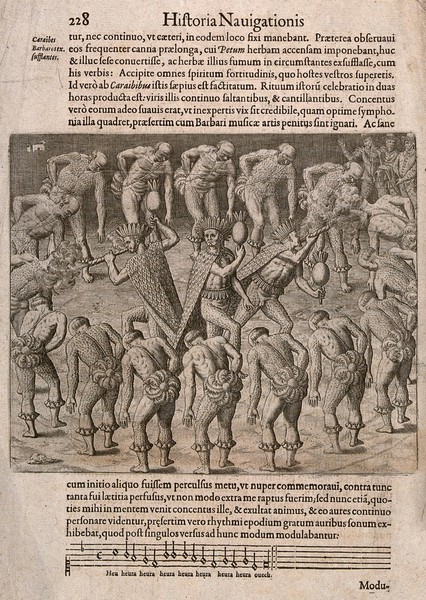 Brazil: Tupinamba Indian shamans (caraibes) wearing feather head-dresses surrounded by men dancing in a circle. Engraving by T. de Bry after J. de Léry, 1592.