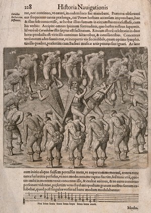 view Brazil: Tupinamba Indian shamans (caraibes) wearing feather head-dresses surrounded by men dancing in a circle. Engraving by T. de Bry after J. de Léry, 1592.