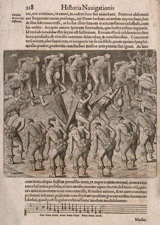 Brazil: Tupinamba Indian shamans (caraibes) wearing feather head-dresses surrounded by men dancing in a circle. Engraving by T. de Bry after J. de Léry, 1592.