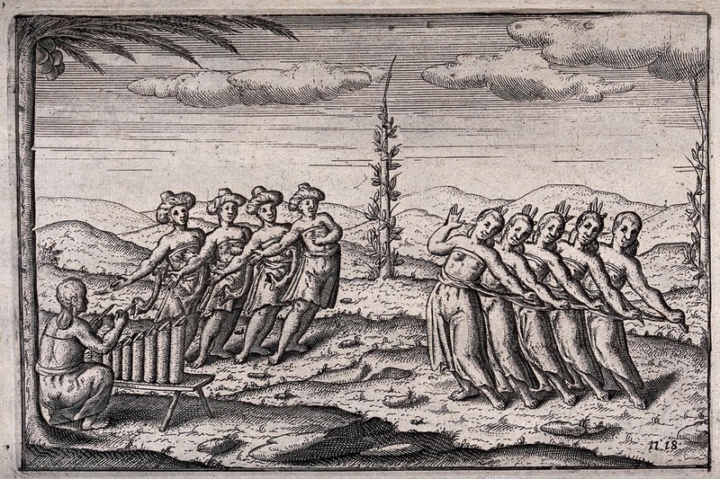 Javanese dancers, with men on the left and women on the right, accompanied by a musician. Engraving by T. de Bry., 1590-1599, by Theodor de Bry