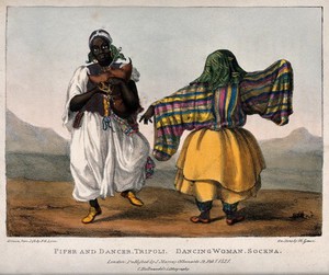 view A woman in Libya dancing accompanied by a bagpiper. Coloured lithograph by M. Gauci, 1821, after F.G. Lyon.