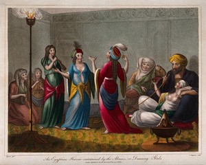 view A harem in Egypt: a man caressing a woman watches two women dancing. Coloured engraving by J. Chapman after V. Denon.