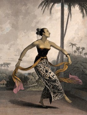 A Javanese girl dancing with long scarves tied to her waist. Coloured aquatint by W. Daniell, 1817.