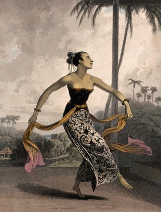 A Javanese girl dancing with long scarves tied to her waist. Coloured aquatint by W. Daniell, 1817.