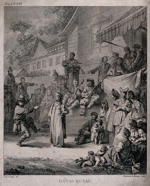 view Musicians play their instruments as a dancer entertains a crowd of people gathered under an awning and on the steps of a large building. Etching by St. Aubin et de Laungy after J.B. Le Prince.