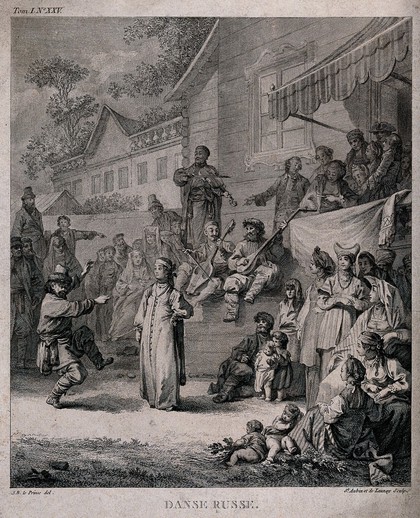 Musicians play their instruments as a dancer entertains a crowd of people gathered under an awning and on the steps of a large building. Etching by St. Aubin et de Laungy after J.B. Le Prince.