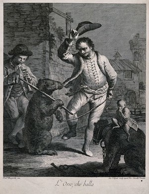 view A boy plays a tune as a man dances and encourages a bear on a rope to dance as well, another chained bear is close by with a monkey on its back. Engraving by Giovanni Volpato after Francesco Maggiotto.