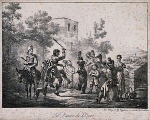 view A chained bear being made to dance by a man holding a stick, accompanied by a piper and watched by a crowd. Lithograph by Roche, 1817.