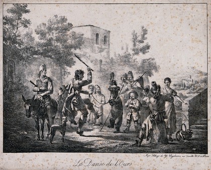 A chained bear being made to dance by a man holding a stick, accompanied by a piper and watched by a crowd. Lithograph by Roche, 1817.