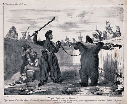 A soldier plays a drum as a man with a chained bear with its arms held back by an umbrella is making it dance to entertain the crowd. Lithograph by Benjamin Roubaud, 1833.