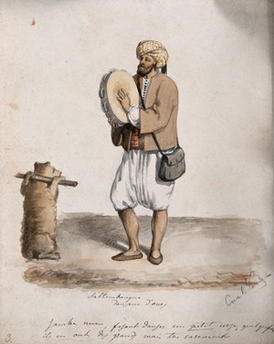 view A man plays a tambourine as a bear with its arms held back is encouraged to dance. Watercolour.