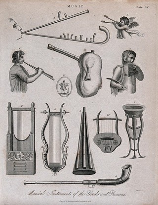 Ancient Greek and Roman wind and string instruments. Engraving by J. Pass, 1818.
