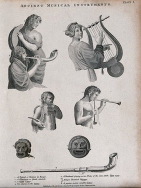 People playing ancient musical instruments. Etching.