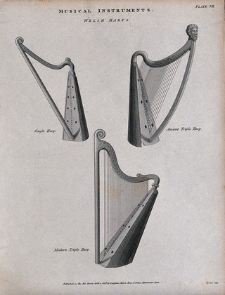 Three Welsh harps. Engraving by J. Lee.