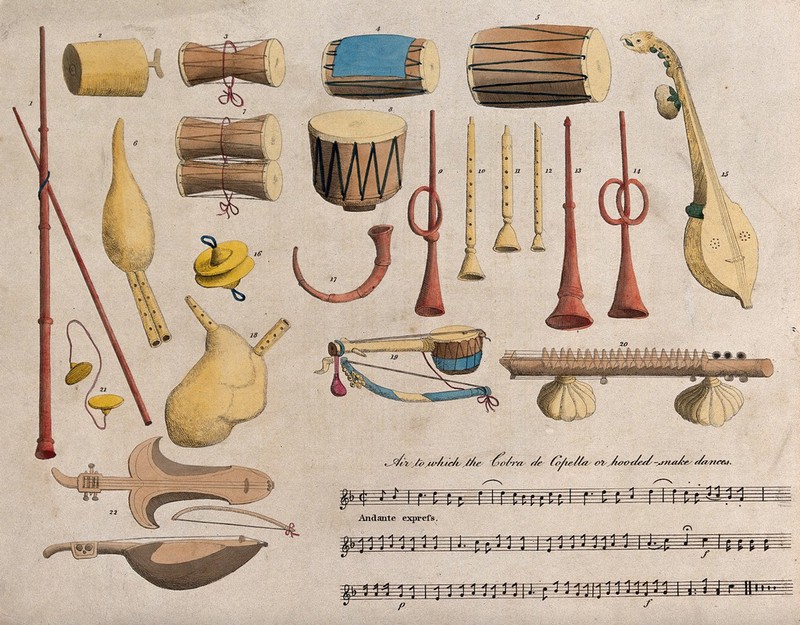 A variety of musical instruments; percussion, string and wind, and a