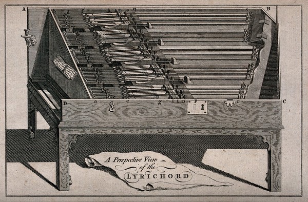The lyrichord, a musical instrument. Engraving.