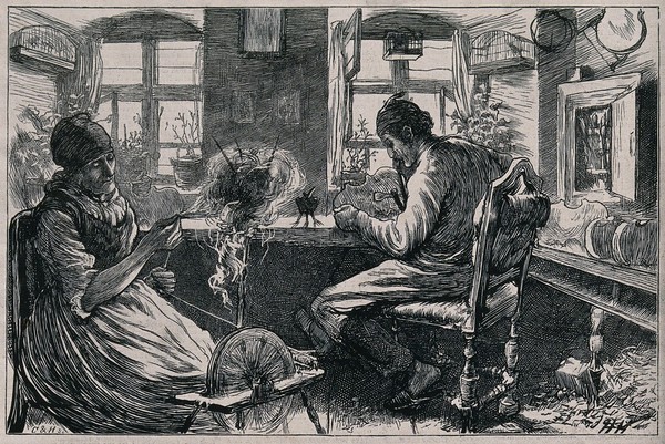 A woman sits working at a spinning wheel as a man works at the table making a violin. Wood engraving by C & H after H. Herkomer.