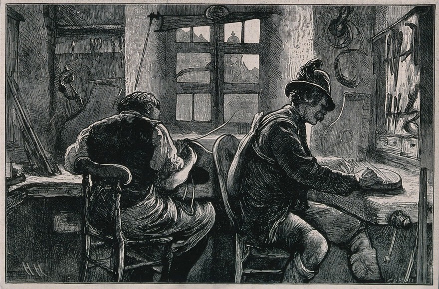 Two men are sitting at a work bench in Mittenwald, Bavaria, making zithers. Wood engraving by C & H after H. von Herkomer.