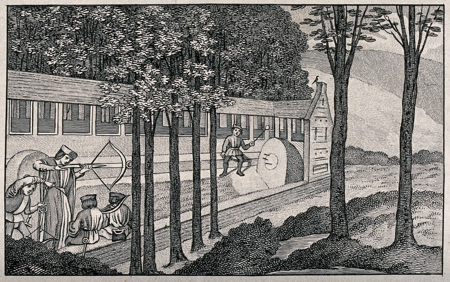 Men shooting at a target with crossbows. Etching.