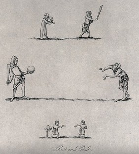 Two scenes of people in mediaeval costume playing games with a bat and ball. Etching.