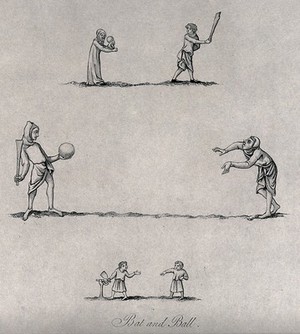 view Two scenes of people in mediaeval costume playing games with a bat and ball. Etching.