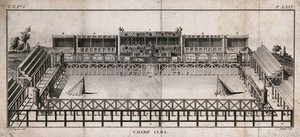 view A tilt-yard with tiered stands, designed according to the specification of Philip the Fair in 1306. Engraving by Guayté (A.J. Gaitte?), 1780, after J.D. Dugourc.