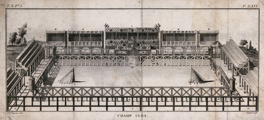 A tilt-yard with tiered stands, designed according to the specification of Philip the Fair in 1306. Engraving by Guayté (A.J. Gaitte?), 1780, after J.D. Dugourc.