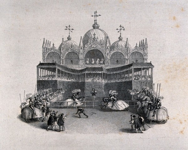 Saint Mark's Square, Venice: two men on horseback are jousting at a tournament before a crowd celebrating the marriage of Jacopo Foscari. Steel engraving by E. Goodall, 1830, after T. Stothard..